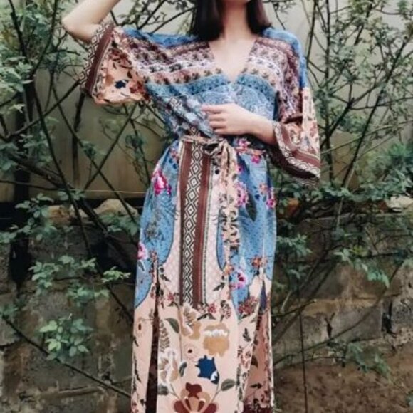 Ethnic Tribal Pattern Boho Belted Kimono, Long Wide Sleeve Loose Baggy Cover Up - Picture 4 of 5